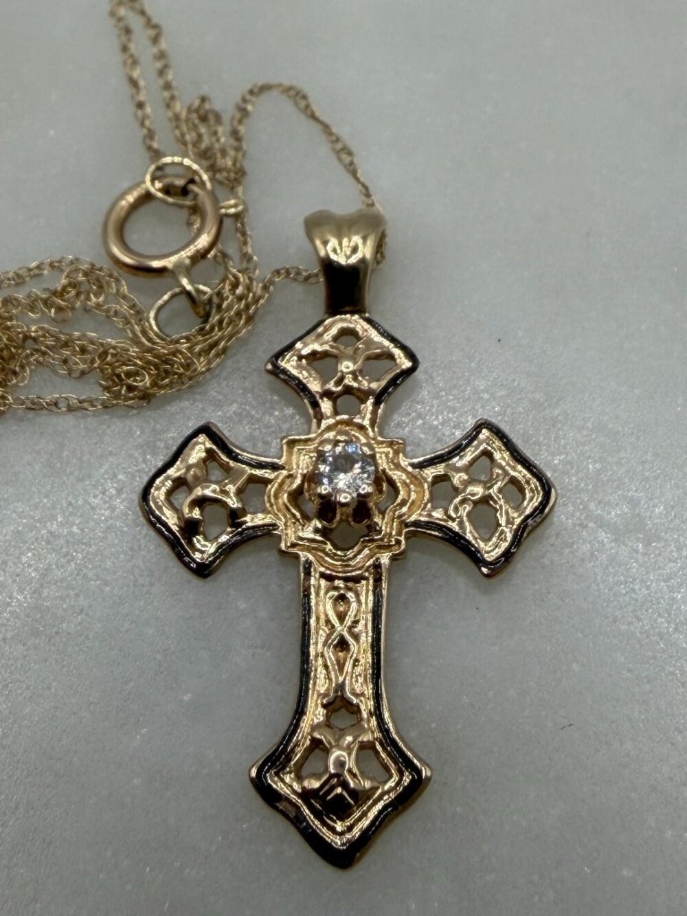 14K Gold Dainty Cross Necklace with Black Enamel & Diamond